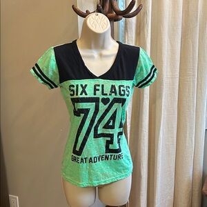 Green and Black Six Flags Graphic Tee